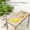 Slatted metal tabletop of a patio bar table, 48" x 23", sturdy design for outdoor dining and drinks.