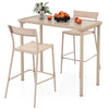 Patio bar table set featuring a height table and two armless chairs with breathable rattan seats for outdoor use.