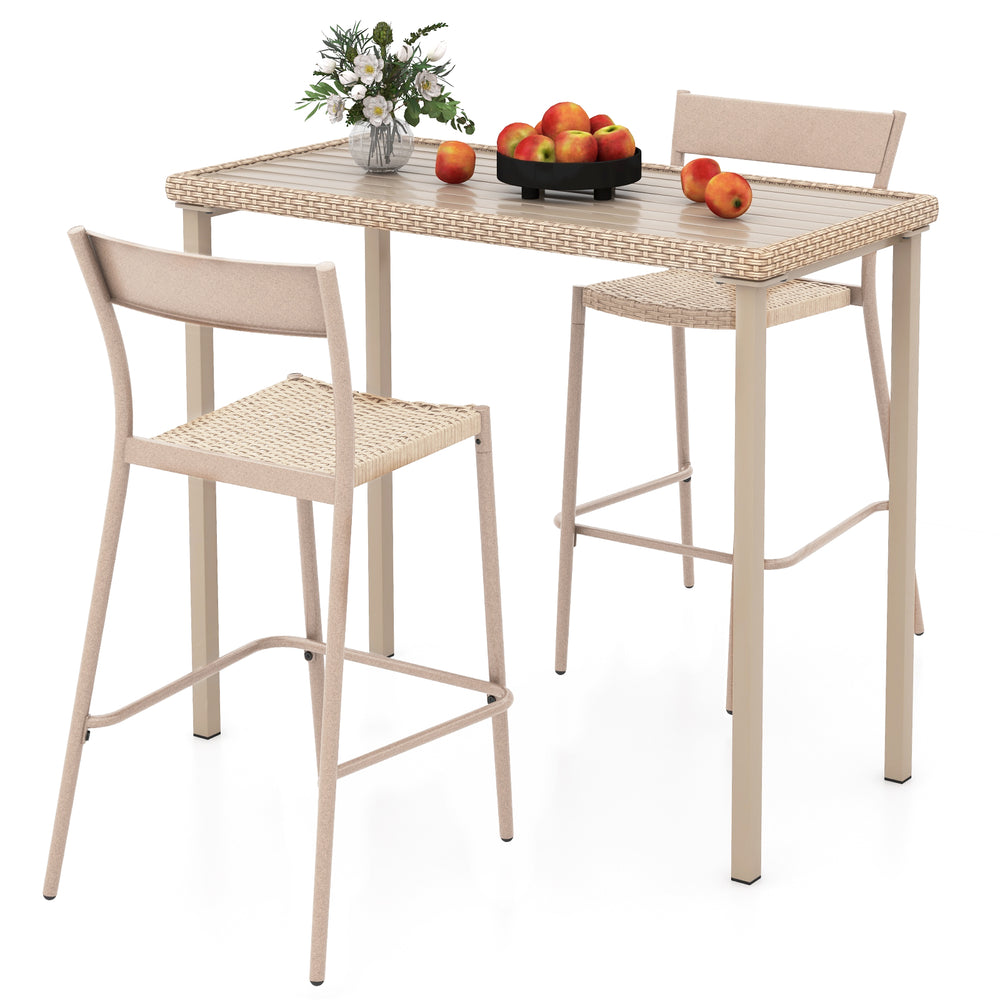 Patio bar table set featuring a height table and two armless chairs with breathable rattan seats for outdoor use.