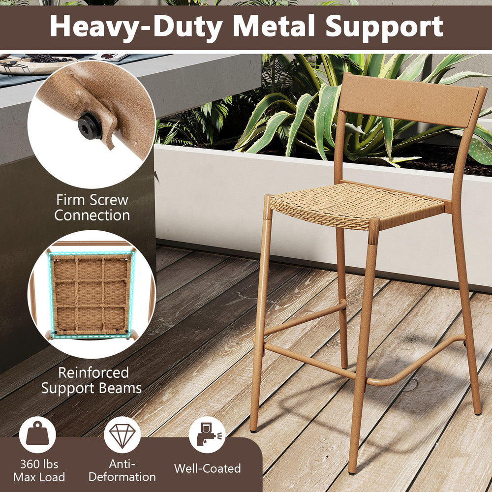 Stackable armless chair with breathable rattan seat and sturdy metal frame, ideal for outdoor patio use.