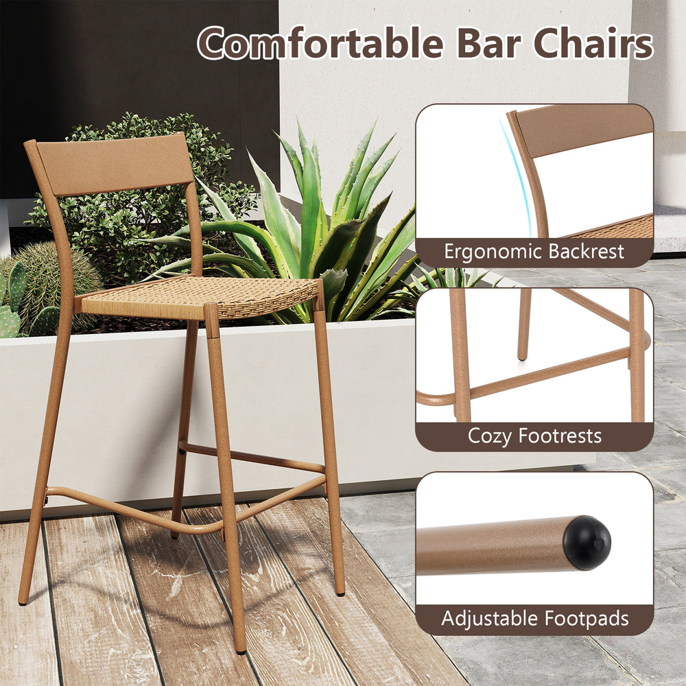 Ergonomic armless bar chair with rattan seat and metal frame, designed for outdoor patio and backyard comfort.