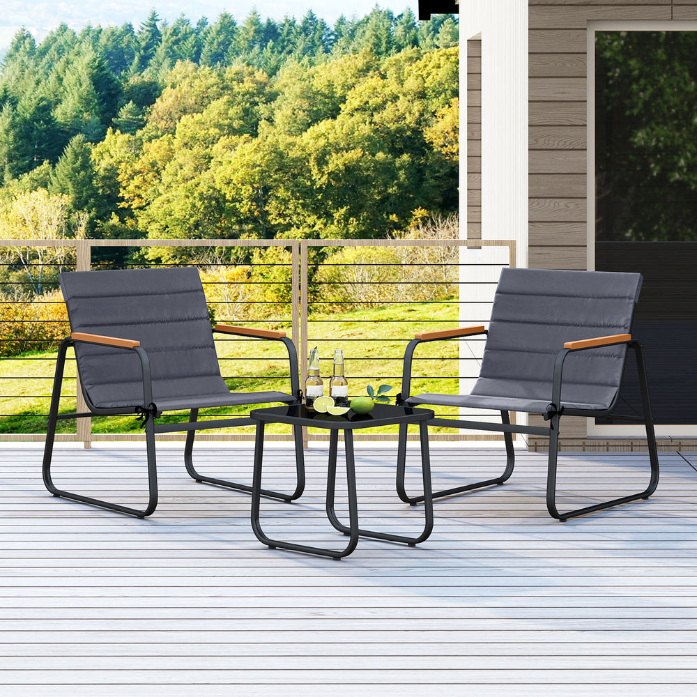 Gray 3-piece patio bistro set with removable cushions and sturdy metal frame, perfect for outdoor relaxation on a.