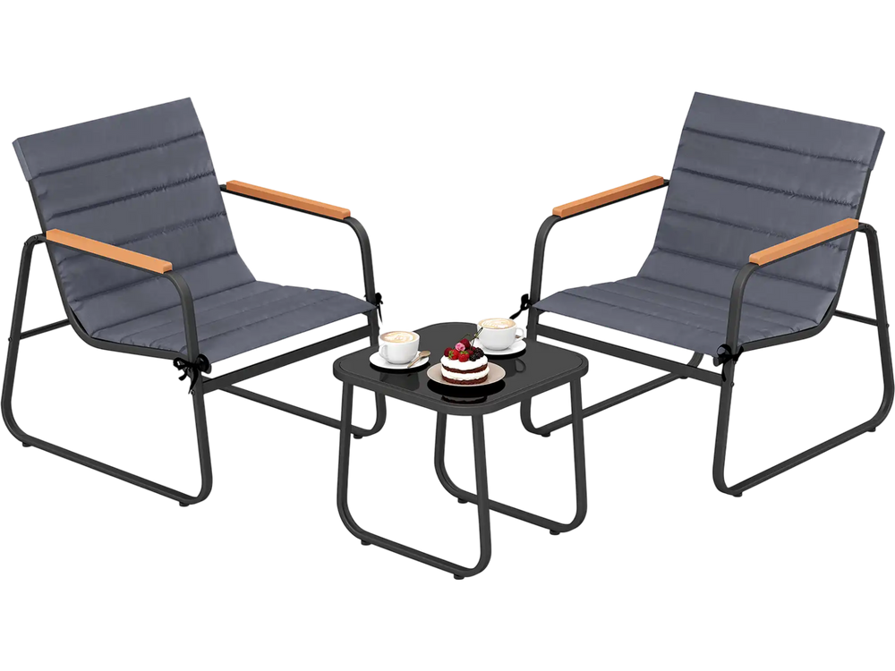 Gray 3-piece patio bistro set with removable cushions, sturdy metal frame, and square side table for outdoor relaxation.