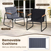 Two chairs with removable cushions and a square side table, featuring breathable fabric and wood-plastic armrests for.
