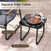 Square side table with tempered glass top and rounded corners, perfect for outdoor patio use and easy cleaning.