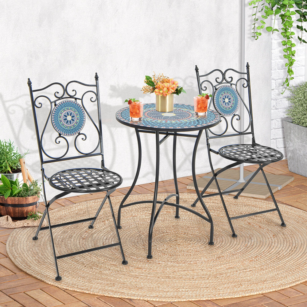 3-piece patio bistro set with mosaic pattern, featuring folding chairs and a heavy-duty metal frame for indoor or.