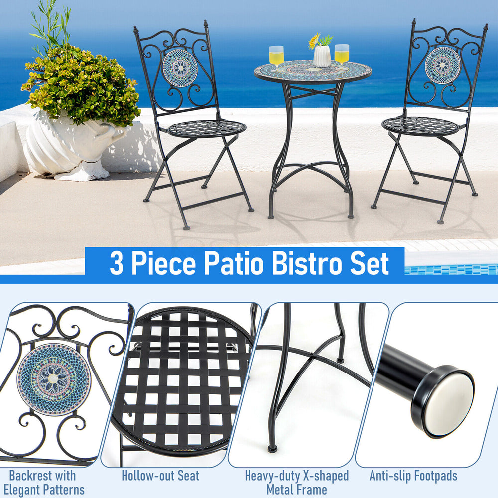 3 Piece Patio Bistro Set featuring a mosaic pattern, heavy-duty metal frame, and folding chairs for easy storage.