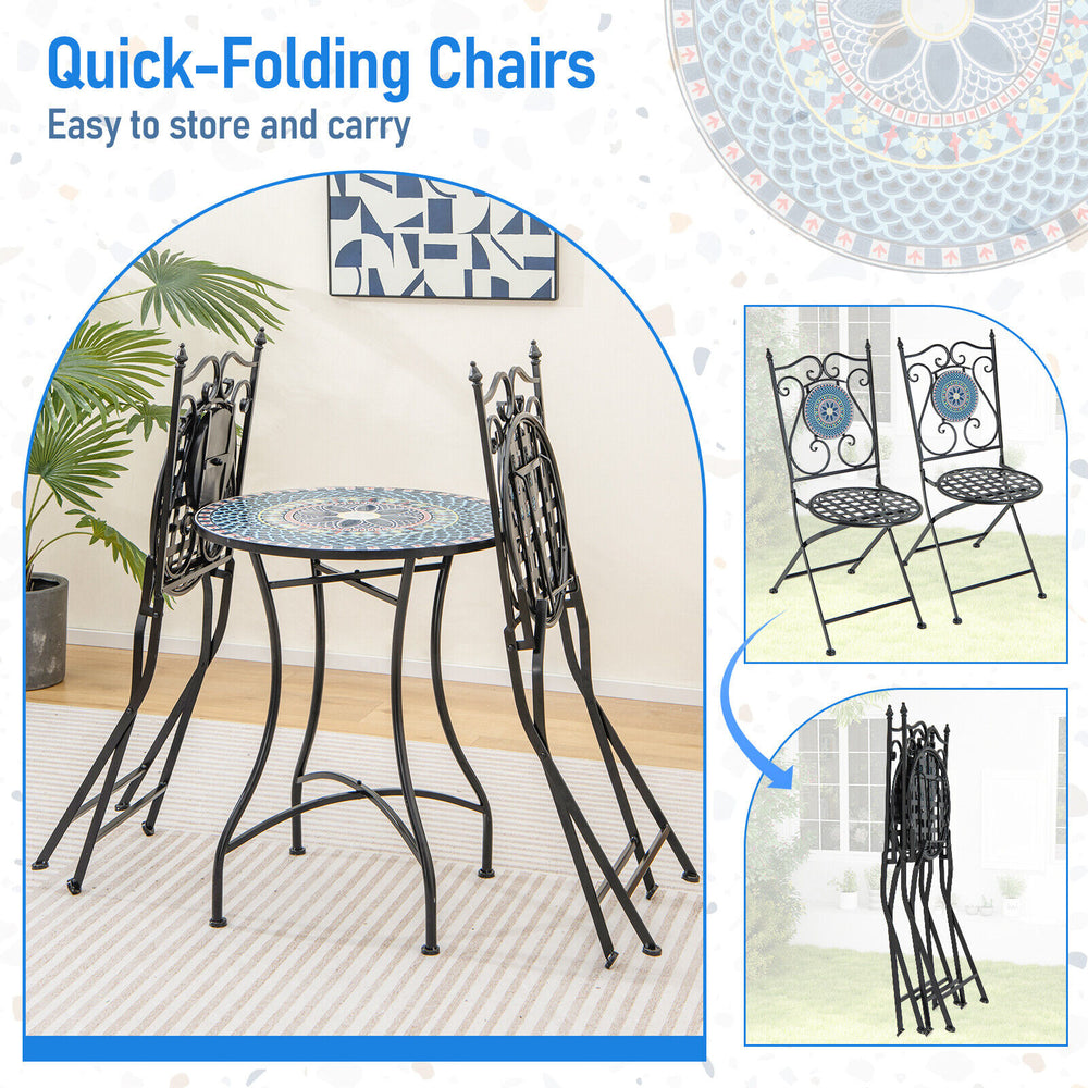 Folding chairs from the 3 Piece Patio Bistro Set with mosaic pattern, designed for easy storage and outdoor use.