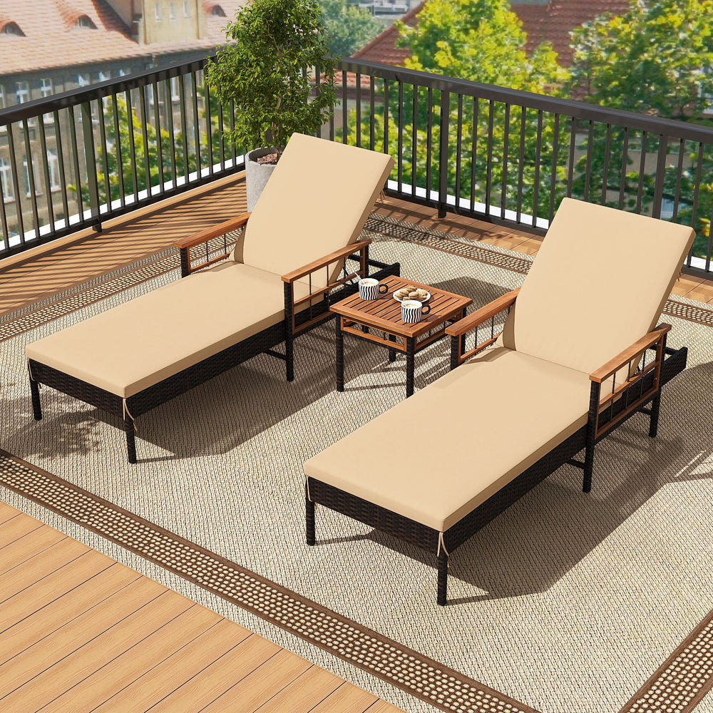 Patio chaise lounge set featuring adjustable backrests, durable PE rattan, and acacia wood, perfect for poolside.