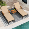 Two adjustable chaise lounges with soft cushions and a side table, made of PE rattan and acacia wood, for poolside.