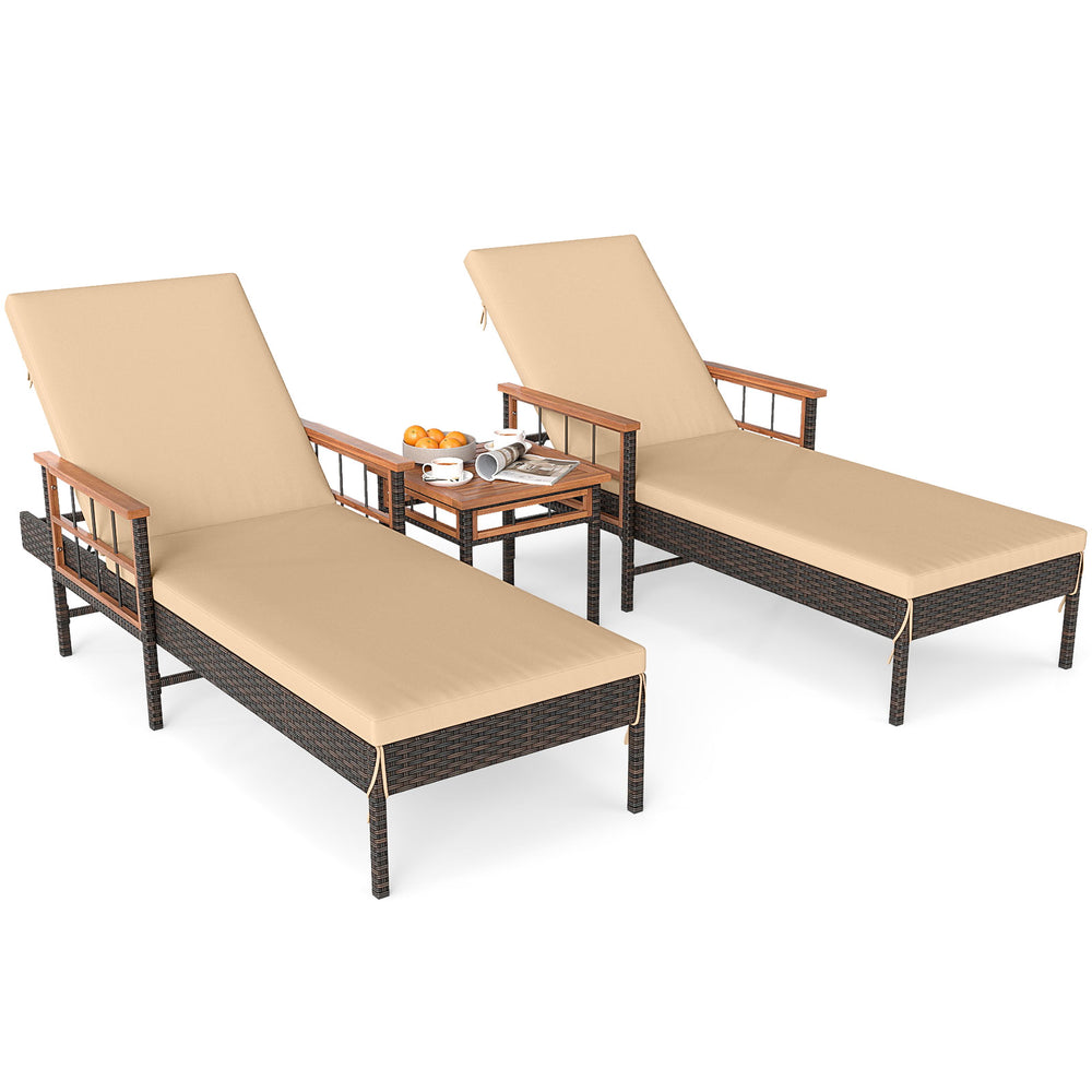 Two adjustable chaise lounges with soft cushions and a side table, made of PE rattan and acacia wood, perfect for.