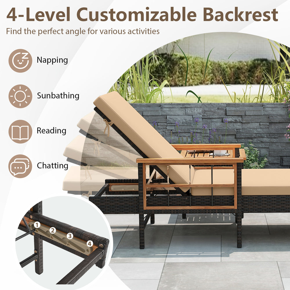 Adjustable backrest of the 3 pieces patio chaise lounge set in PE rattan and acacia wood, ideal for poolside relaxation.