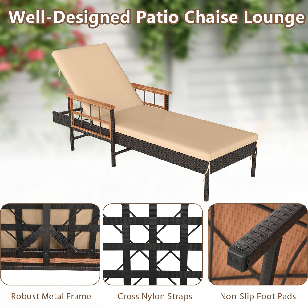 Patio chaise lounge with adjustable backrest, made of durable PE rattan and acacia wood, ideal for poolside relaxation.