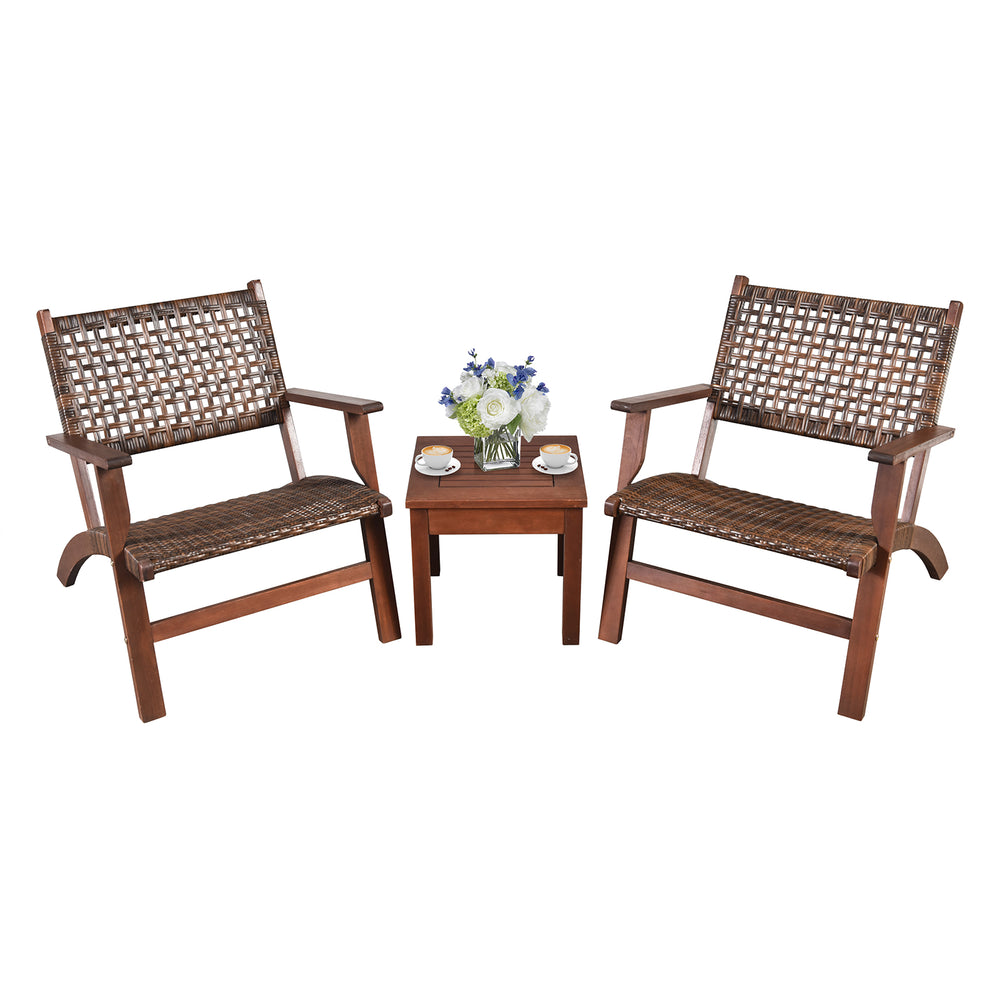 Two wooden armchairs with rattan seats and a solid wood coffee table, perfect for outdoor patio relaxation.
