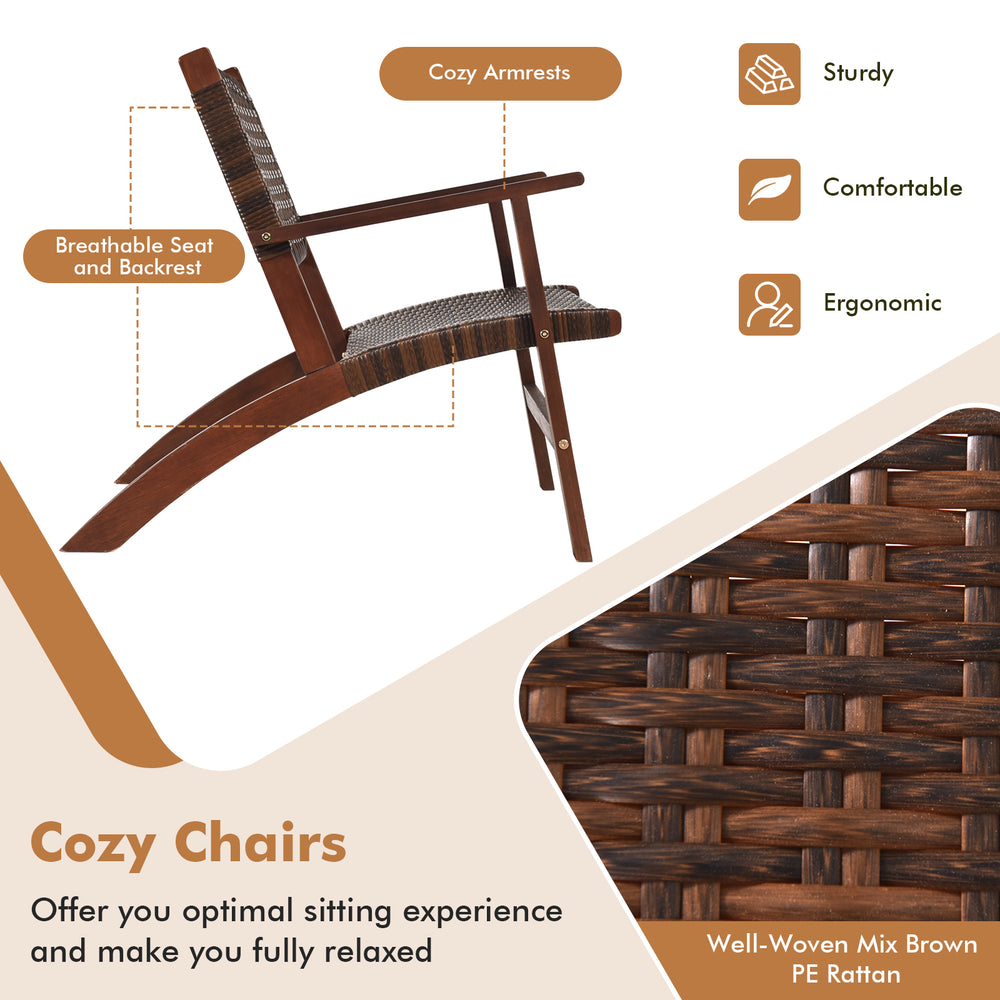 Cozy armchair with breathable PE rattan and sturdy eucalyptus wood, perfect for outdoor relaxation on patios or gardens.