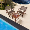 Two outdoor wooden armchairs with rattan seats and a solid wood coffee table, perfect for patio or poolside relaxation.
