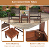 Wooden side table with slatted top and reinforced screws, part of a 3-piece outdoor rattan furniture set for patio use.