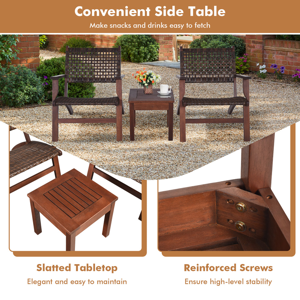 Wooden side table with slatted top and reinforced screws, part of a 3-piece outdoor rattan furniture set for patio use.