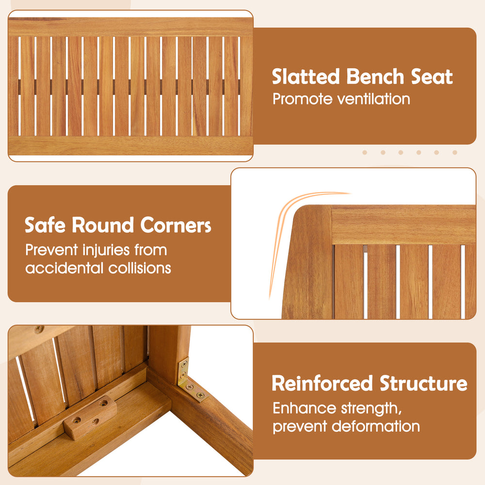 Detail of the slatted bench seat from the 3 Pieces Patio Dining Set, made of durable acacia wood for outdoor use.
