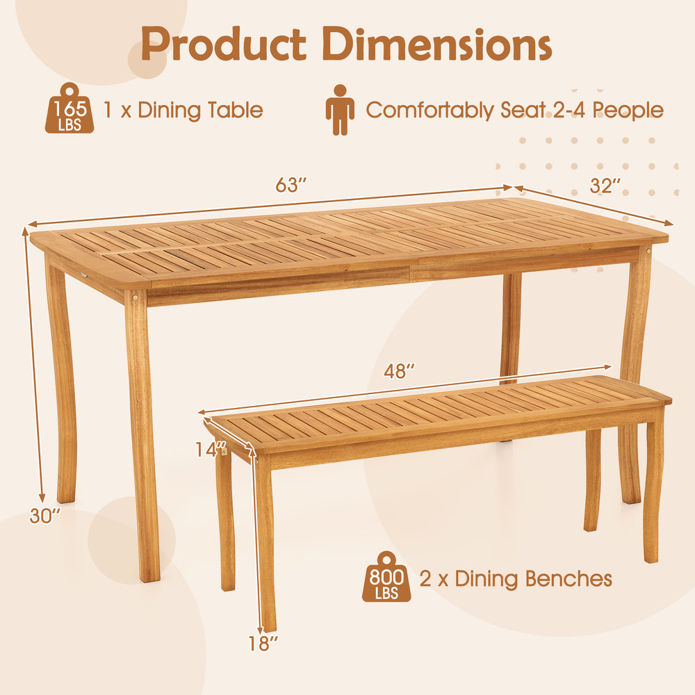 Acacia wood dining table and benches set with slatted design, ideal for outdoor gatherings and seating 2-4 people.