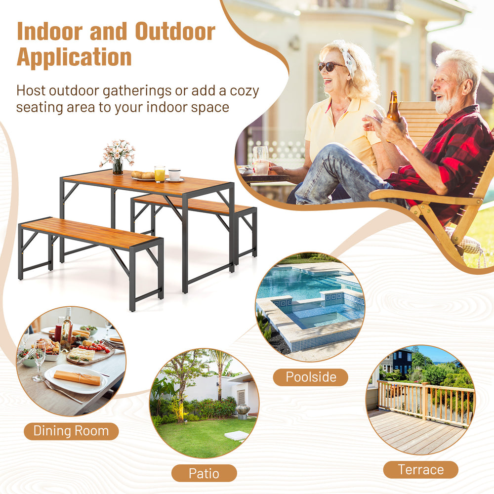 3-piece patio dining set featuring an acacia wood table and 2 benches, perfect for outdoor gatherings and dining.