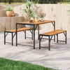 Rectangular acacia wood dining table with two benches, perfect for outdoor patios and gatherings, featuring a sturdy.