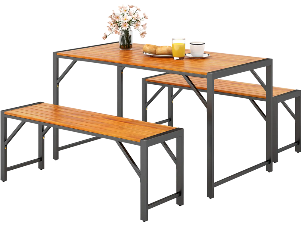 3 Pieces Patio Dining Set with Acacia Wood Dining Table and 2 Benches