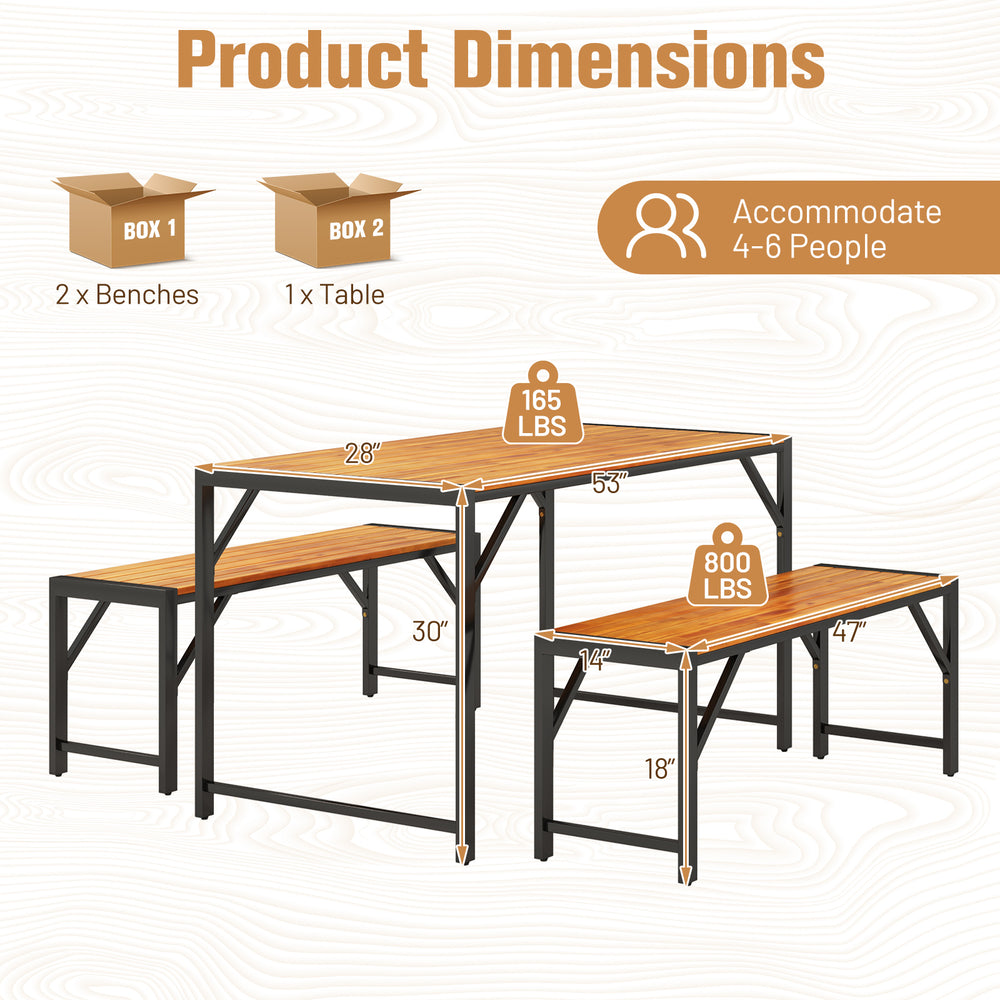 Dimensions of the 3-piece patio dining set with acacia wood table and benches, accommodating 4-6 people.