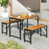 Rectangular patio dining set with acacia wood table and two benches, suitable for outdoor dining for 4 people.