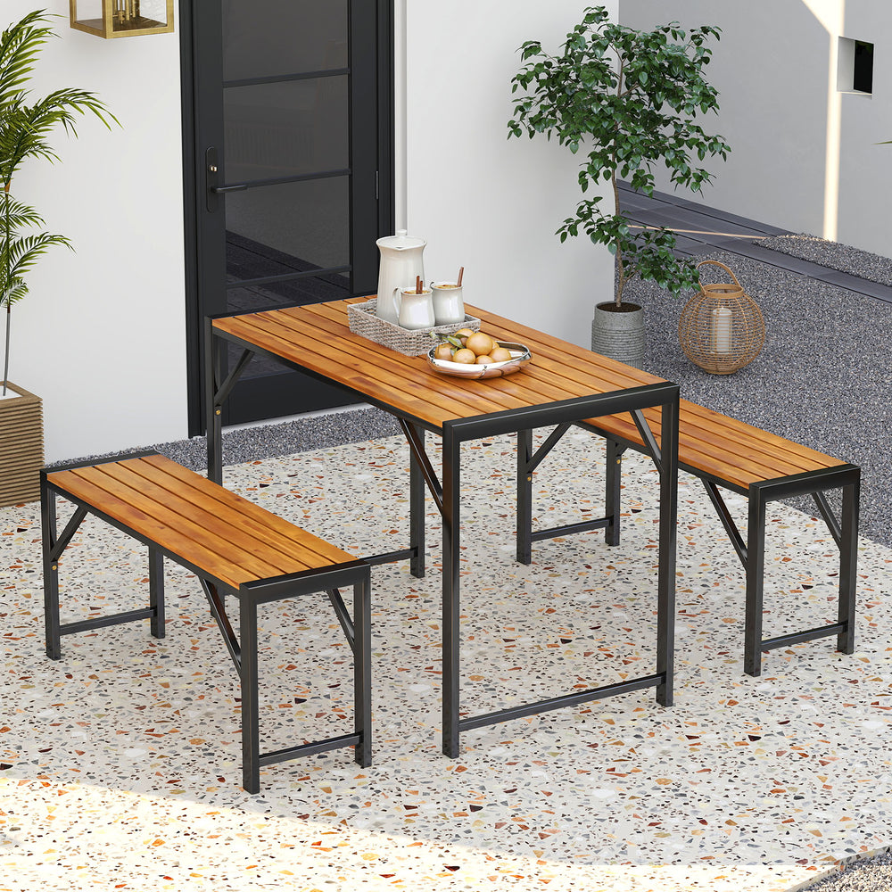 Rectangular patio dining set with acacia wood table and two benches, perfect for outdoor gatherings for 4 people.
