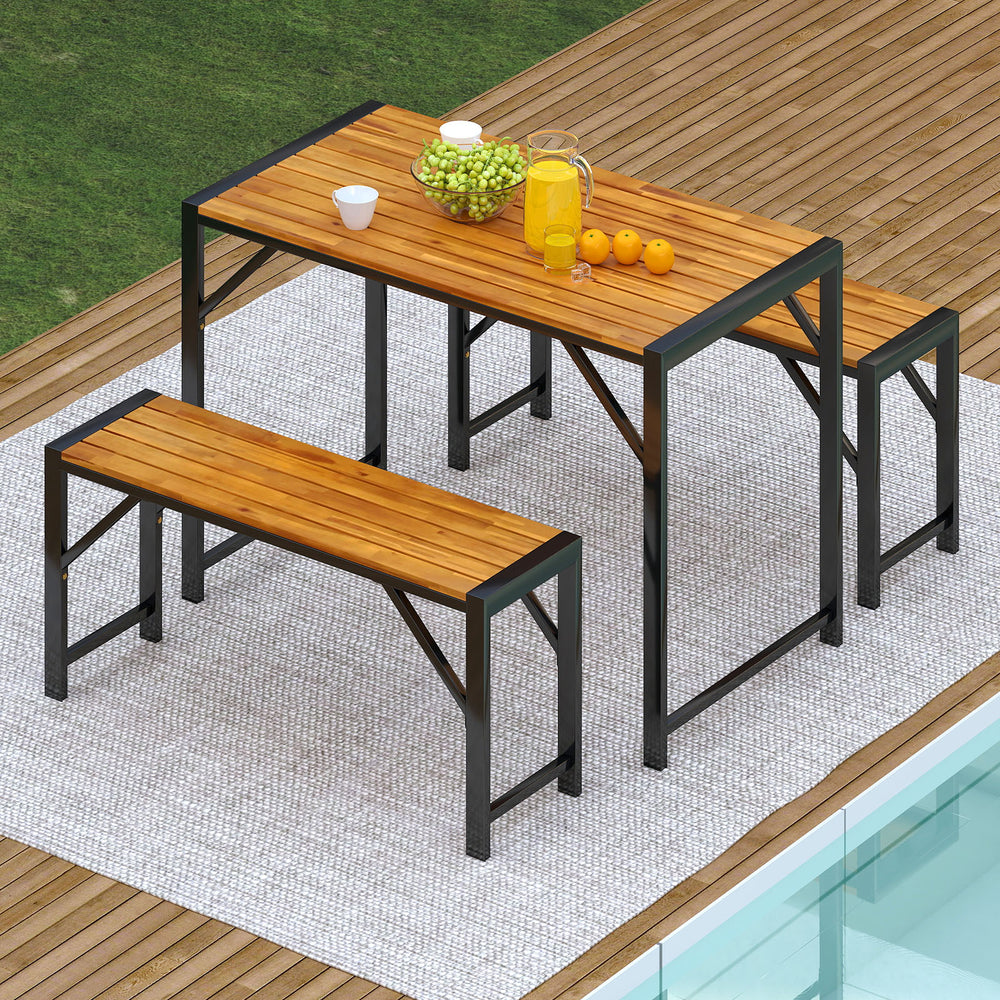 Patio dining set featuring a rectangular acacia wood table and two benches, perfect for outdoor gatherings.