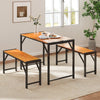 Solid acacia wood dining table with a metal frame, accompanied by two sliding benches, ideal for patio dining for 4.