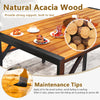 Rectangular acacia wood patio dining table with two benches, designed for four people, featuring a durable metal frame.