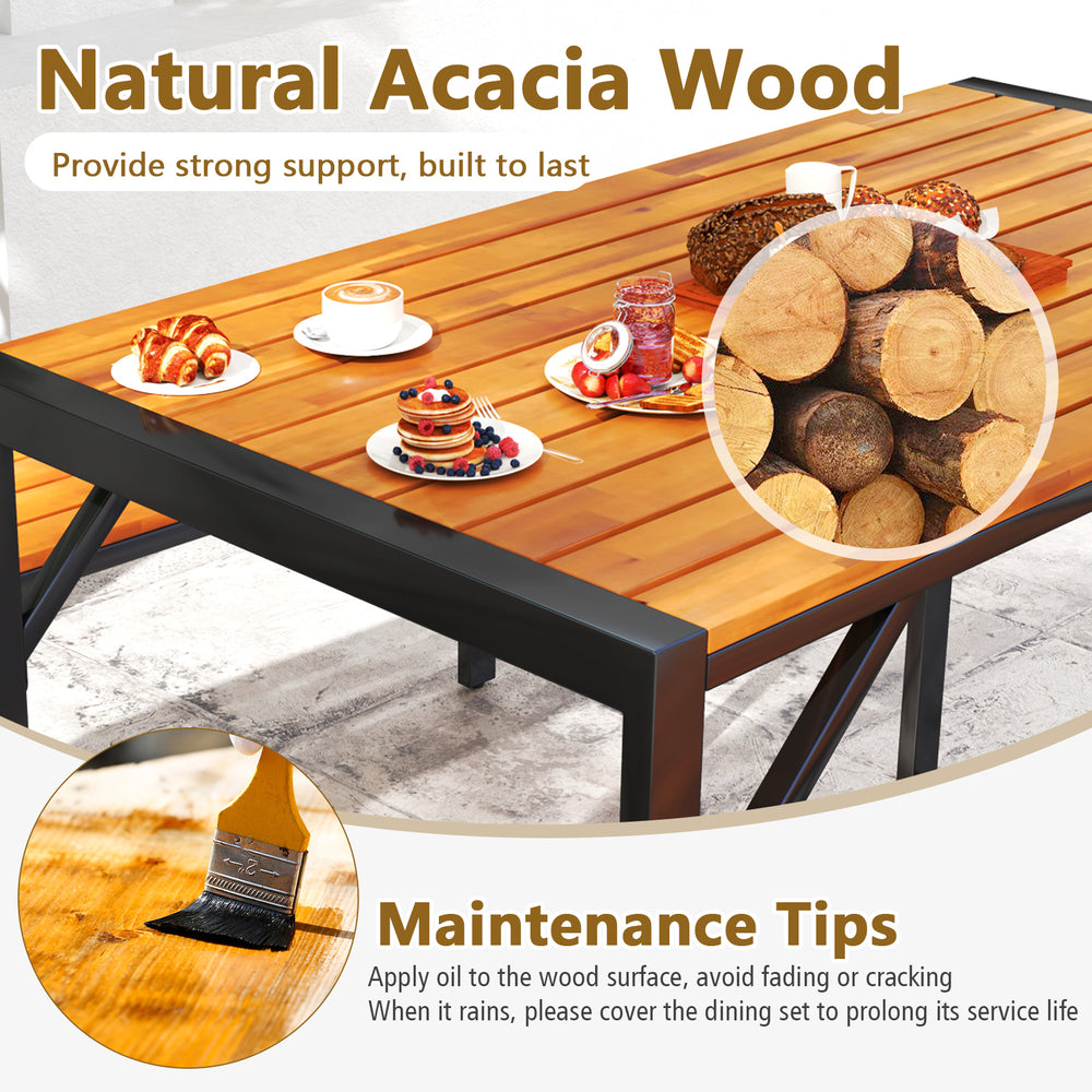 Rectangular acacia wood patio dining table with two benches, designed for four people, featuring a durable metal frame.