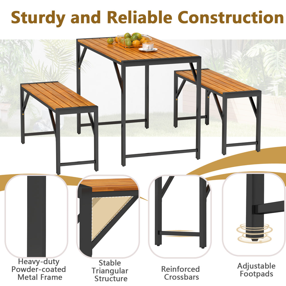 Rectangular patio dining set with solid acacia wood table and two benches, suitable for 4 people, featuring adjustable.