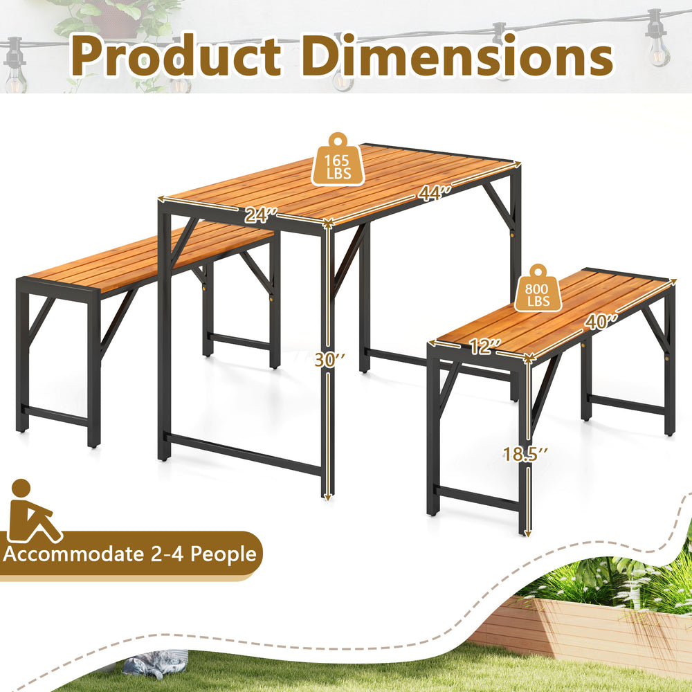 Dimensions of the 3-piece patio dining set with acacia wood table and metal frame, accommodating 2-4 people.