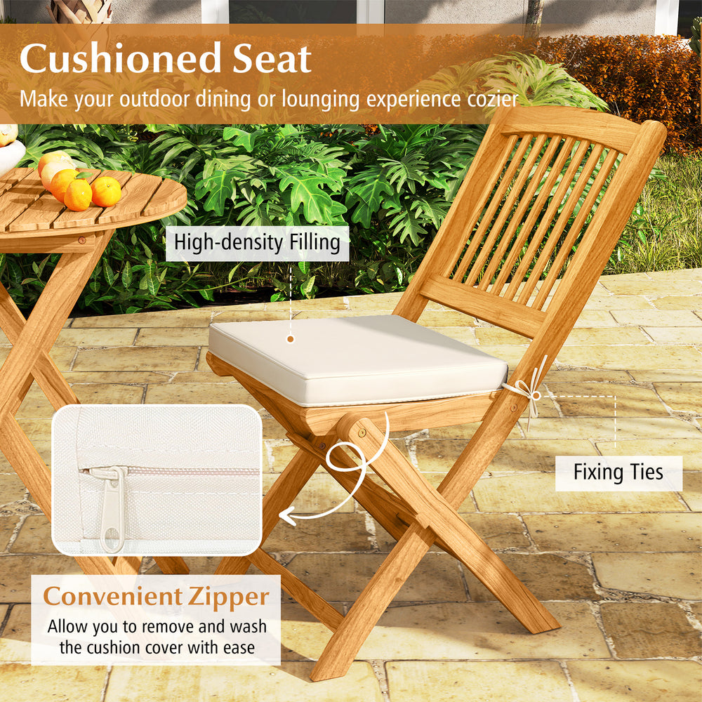 Cushioned seat of the acacia wood patio folding bistro set with fixing ties and convenient zipper for easy cleaning.