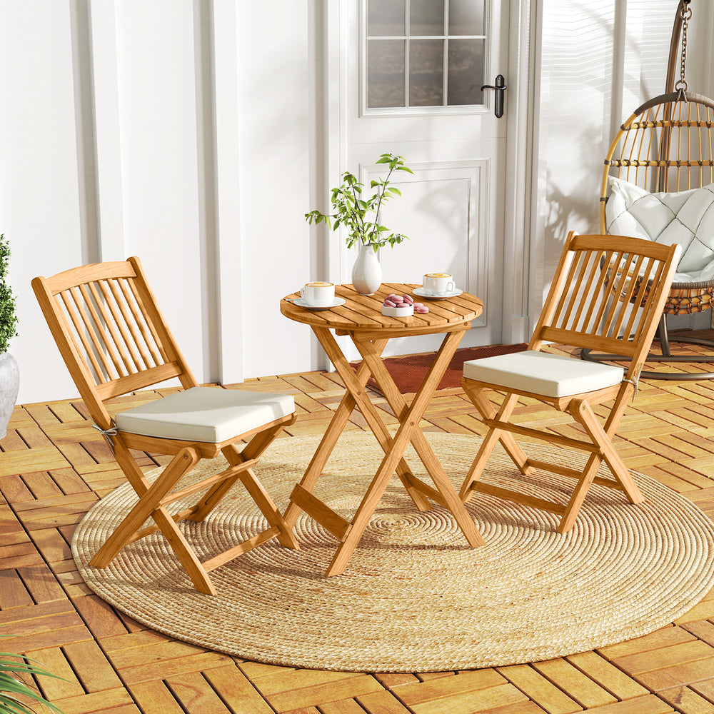 3 Pieces Acacia Wood Patio Folding Bistro Set with Soft Cushions-Beige - Gallery View 1 of 10