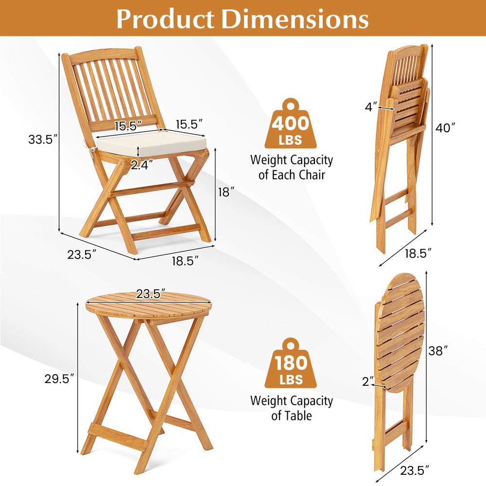 Acacia wood patio bistro set dimensions showing folding chairs and round table, perfect for outdoor dining.