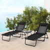 Black folding chaise lounge with adjustable backrest and padded pillow, ideal for comfortable outdoor lounging and.