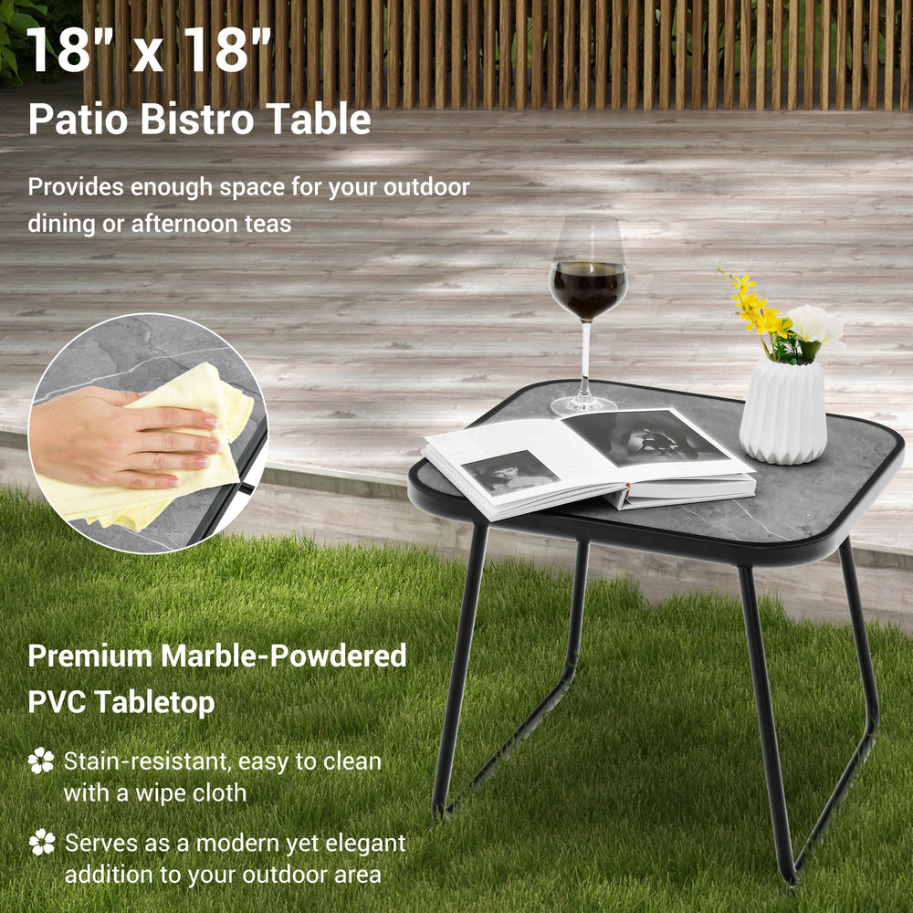 Folding patio table with marble-powdered PVC tabletop, ideal for outdoor dining and relaxation with two chairs.