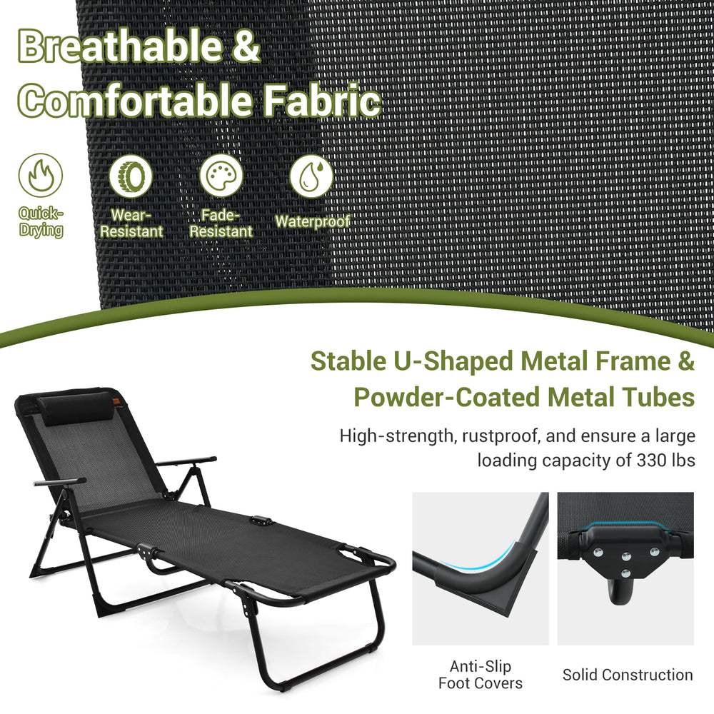 Folding patio lounge chair with breathable fabric, U-shaped metal frame, and anti-slip foot covers for outdoor.