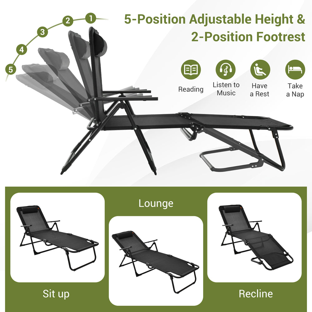 Folding patio chaise lounge set with adjustable backrest and footrest, featuring waterproof fabric and faux marble.