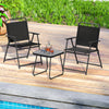 Black patio folding chairs and side table set, featuring breathable fabric, ideal for outdoor relaxation by the.