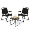 Two black folding patio chairs with a side table, featuring breathable fabric and sturdy metal frames for outdoor.