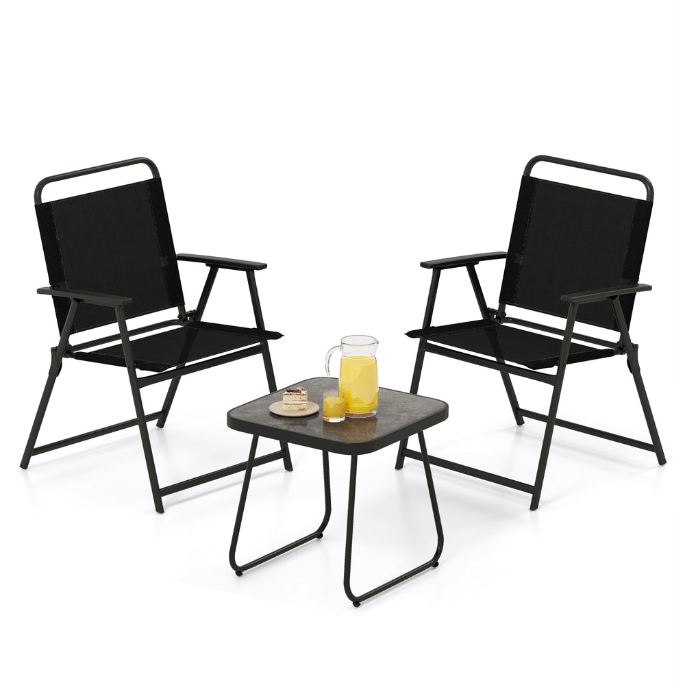 Two black folding patio chairs with a side table, featuring breathable fabric and sturdy metal frames for outdoor.