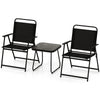 Black patio folding chairs with a side table, featuring breathable fabric and durable metal frames for outdoor.