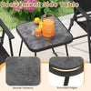 Square side table with marble patterns and rounded edges, perfect for outdoor use with patio chairs.