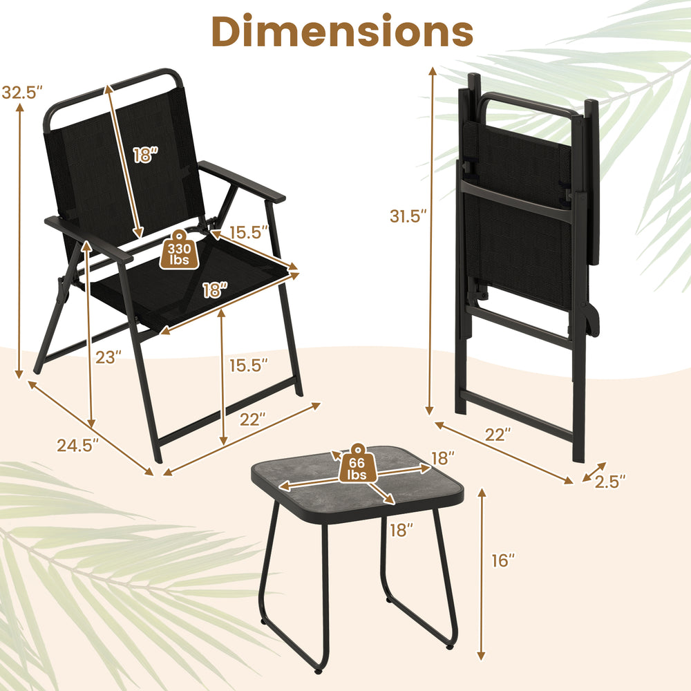 Dimensions of the 3-piece patio folding chairs and table set in black, showcasing seat and table measurements for.