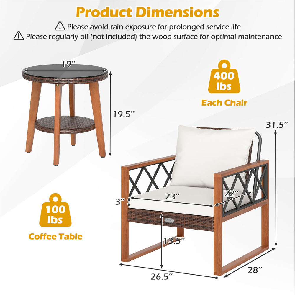 Patio chair with soft off-white cushions, sturdy acacia wood frame, and hand-woven PE rattan, ideal for outdoor.